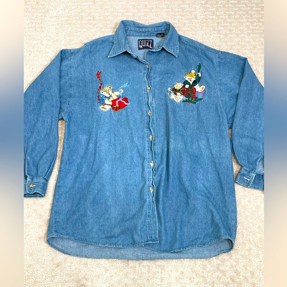 Vtg Quizz Women's 90’s Chambray Christmas ￼ Embroidered ￼Teddy Bear Shirt Size L